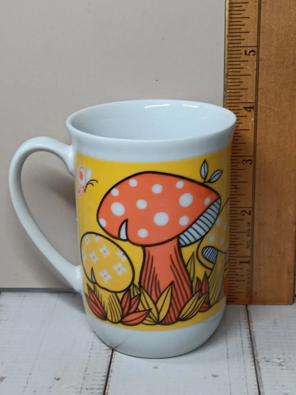 VTG Goodwood Mushrooms Mug 1970s Kitsch Bright Orange Yellow Cup CottageCore
